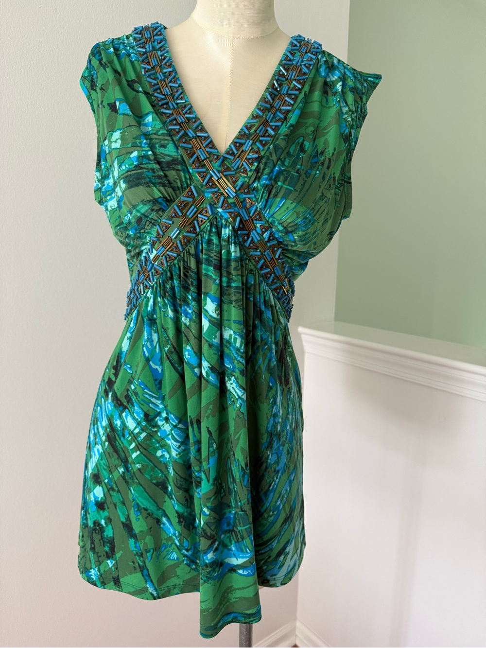 Cache Green and Blue V-Neck Beaded Empire Waist Top